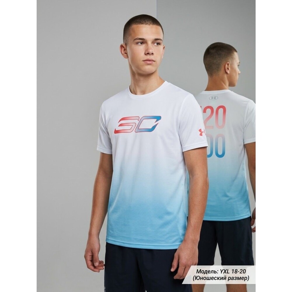 NWT Under Armour Boys Stephen Curry SC30 HeatGear Tee White Blue YXL (18-20)